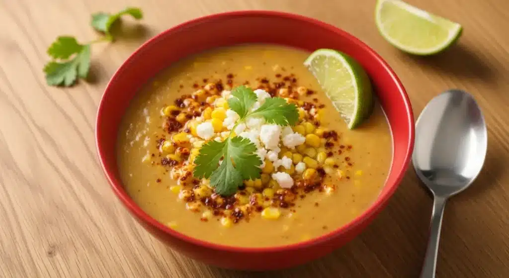 Creamy Mexican Street Corn Soup Crockpot topped with Cotija, cilantro, and lime.