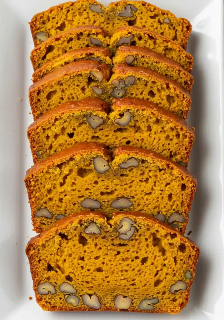 Sliced moist pumpkin spice banana bread on a wooden board