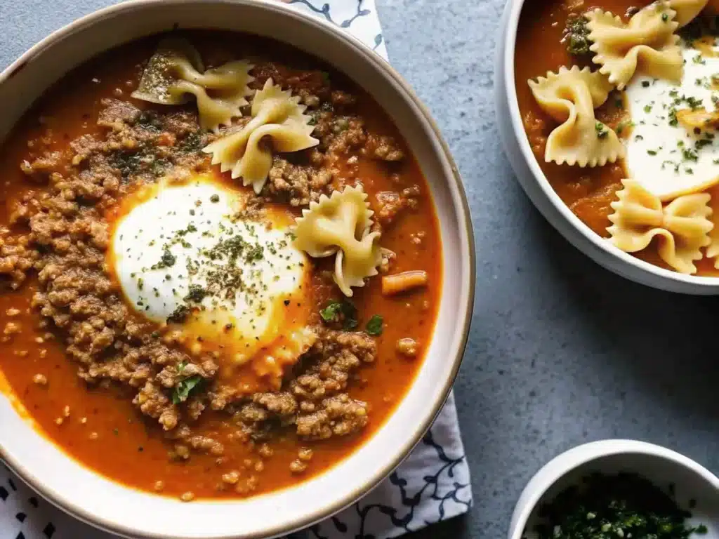 Bowl of One Pot Lasagna Soup topped with cheese and basil