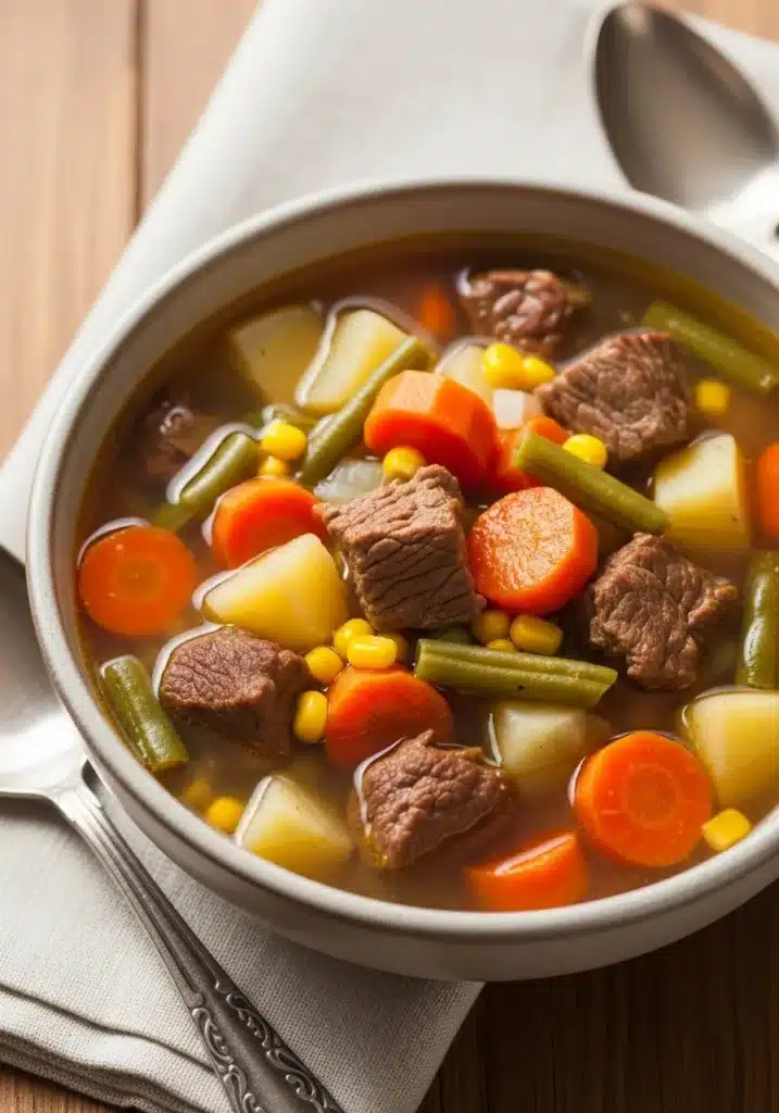 Slow Cooker Beef and Vegetable Soup with beef, carrots, potatoes, corn