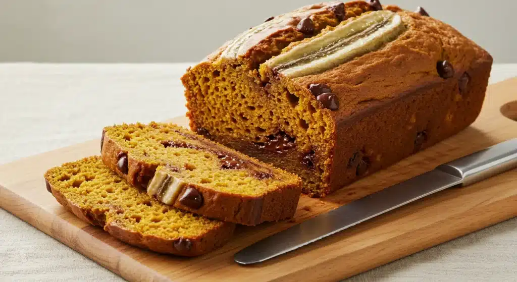 Moist pumpkin banana bread with chocolate chips sliced