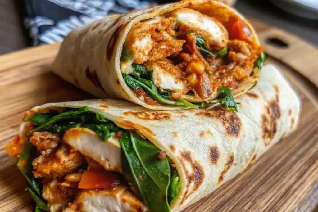 Fresh sweet chili chicken wraps sliced in half