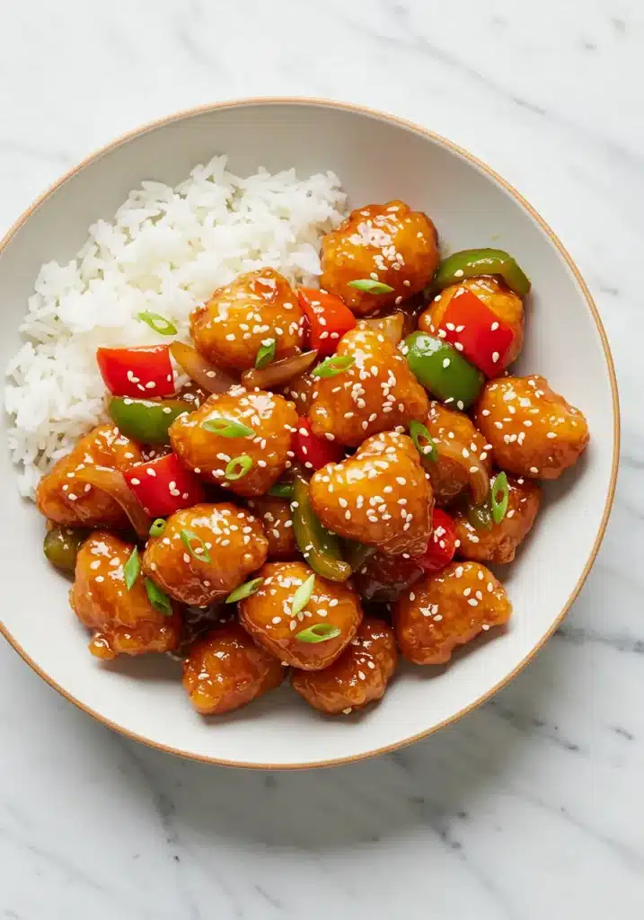 Sweet Chilli Chicken in a bowl with glossy sauce