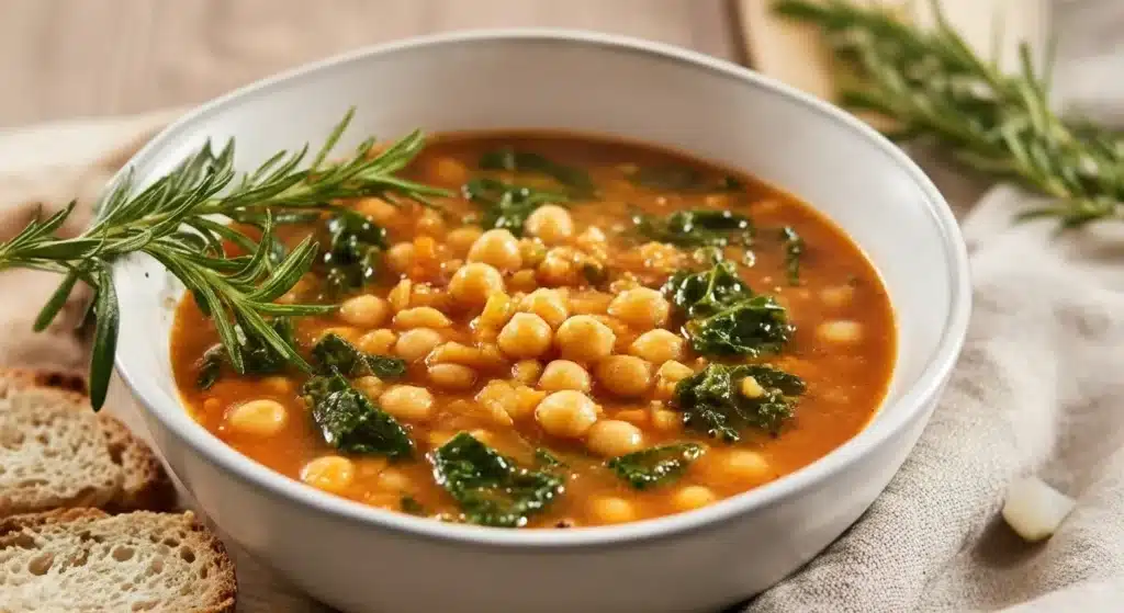 Overhead view of Tuscan Chickpea Soup with chickpeas, kale, and tomatoes in a rustic bowl
