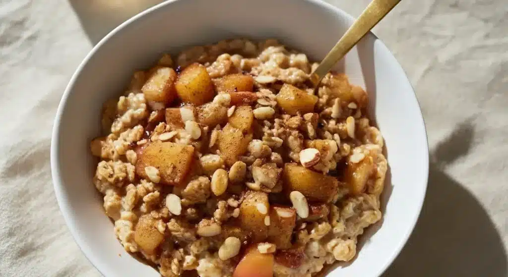 Creamy apple cinnamon oatmeal bowl topped with apples and nuts