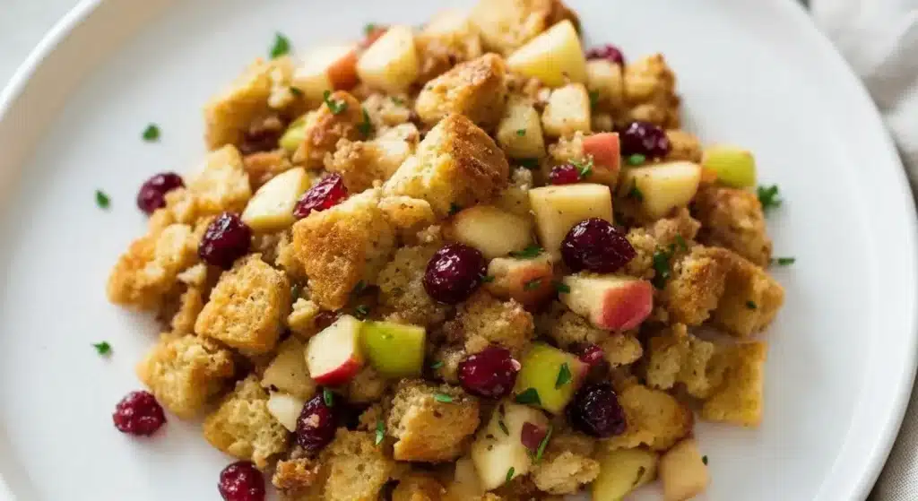 Baked apple cranberry stuffing with pecans, golden and crisp for holidays