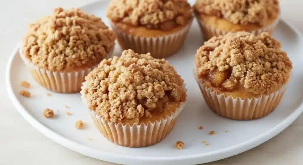 Golden apple crumble cupcakes topped with buttery oat crumble on a white plate.