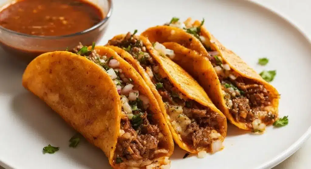 Crispy birria tacos dipped in rich red consommé with cilantro and onion