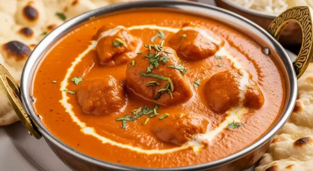 Rich butter chicken curry topped with cream and cilantro in a copper bowl