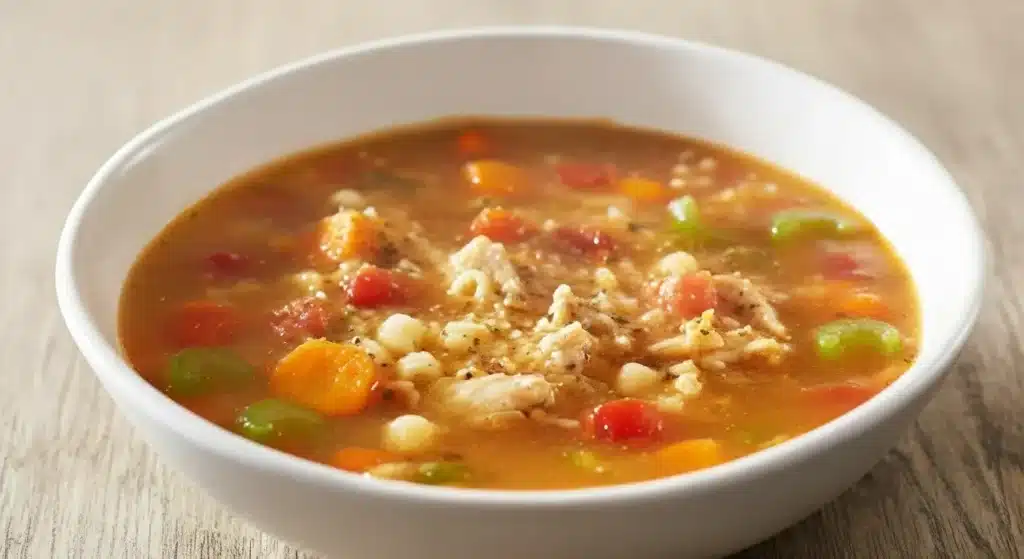 Bowl of Sicilian chicken soup with ditalini pasta, veggies, and fresh parsley