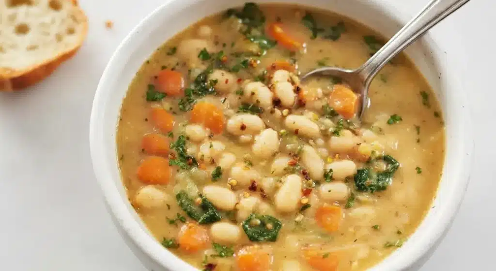 Warm Tuscan white bean soup with kale and cannellini beans