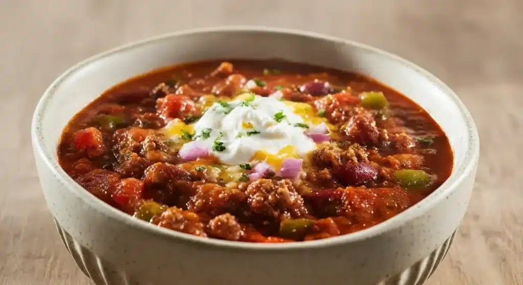 Bowl of rich, hearty championship chili topped with cheese and cilantro