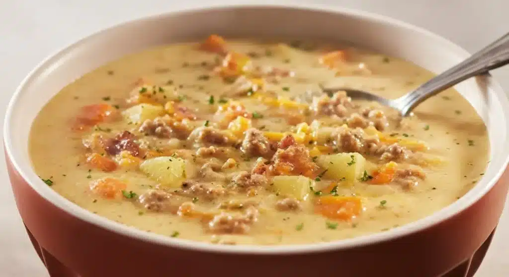 Bowl of creamy crockpot cheeseburger soup topped with bacon and cheese