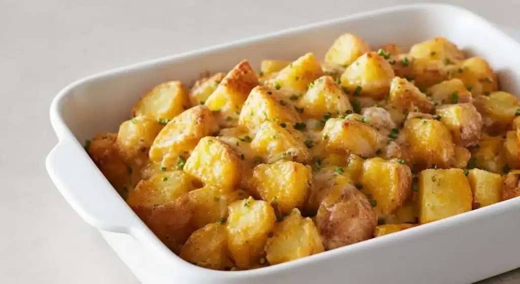 Golden baked cheesy ranch potatoes in a gray bowl with chives