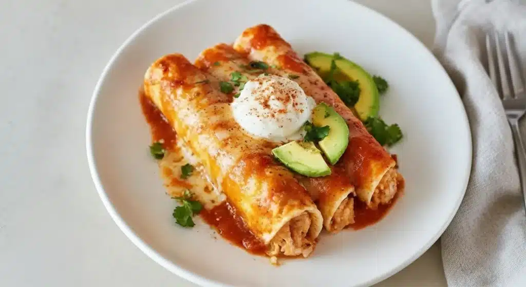 Platter of cheesy baked chicken enchiladas with red sauce