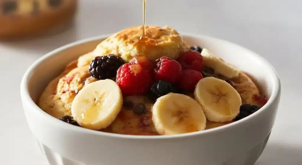 Fluffy baked protein pancake bowls topped with berries and maple syrup