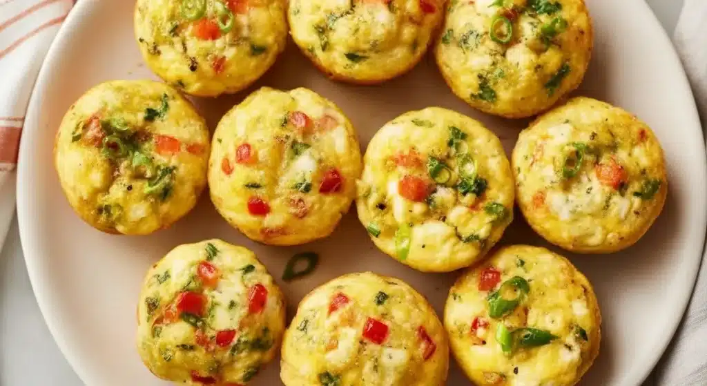 Freshly baked breakfast egg muffins with cheese, peppers, and spinach