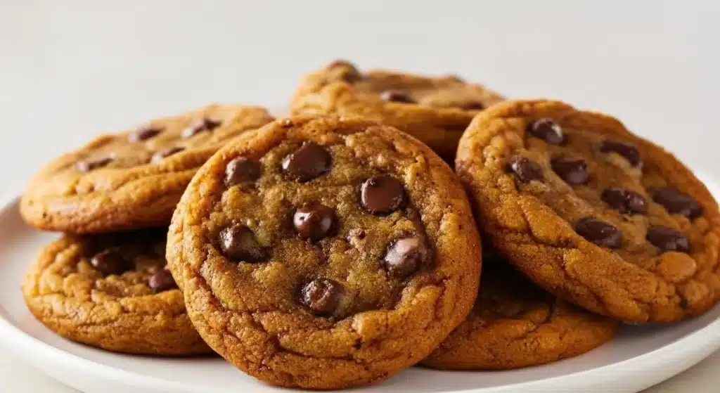 Chewy brown butter pumpkin chocolate chip cookies cooling on a rack
