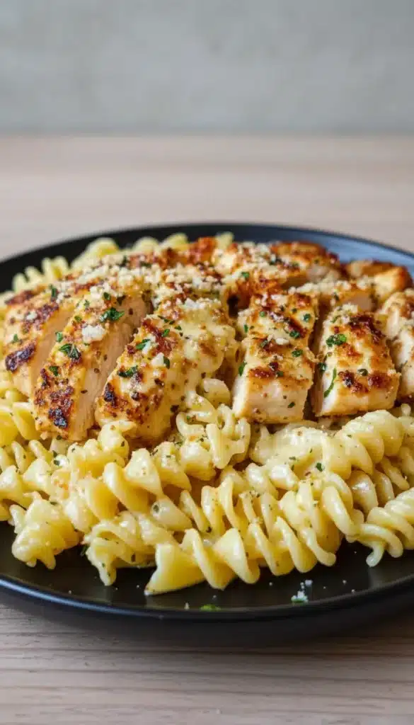 Garlic Parmesan Chicken with Cheesy Twisted Pasta
