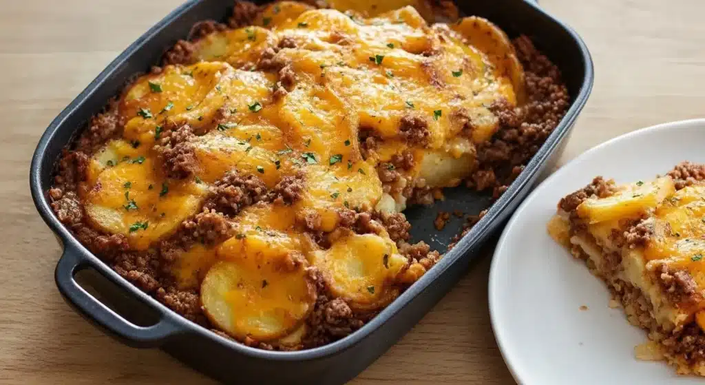 Skillet of cheesy ground beef and potatoes