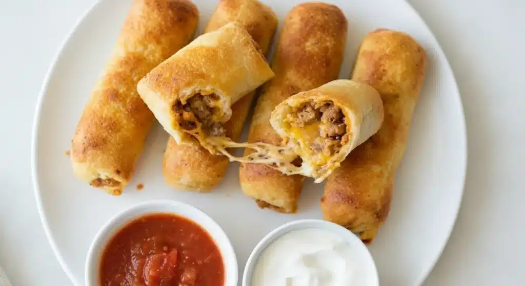Golden cheesy taco sticks filled with seasoned beef and melty cheese