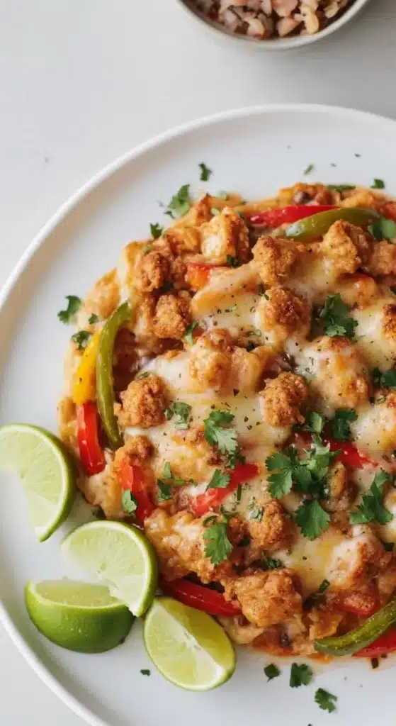 Serving of Easy Chicken Fajita Casserole with bell peppers and cheese