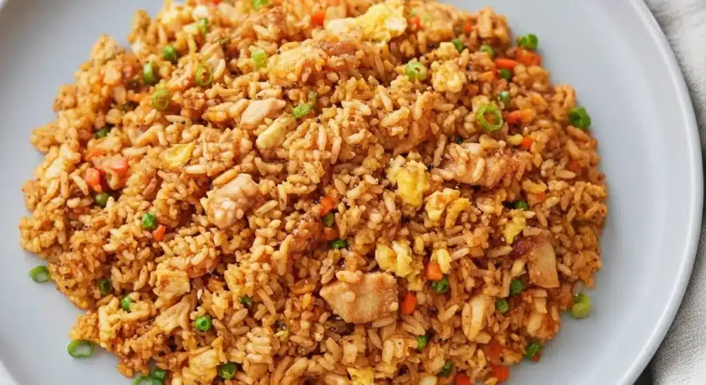 Chinese chicken fried rice with chicken pieces and mixed vegetables