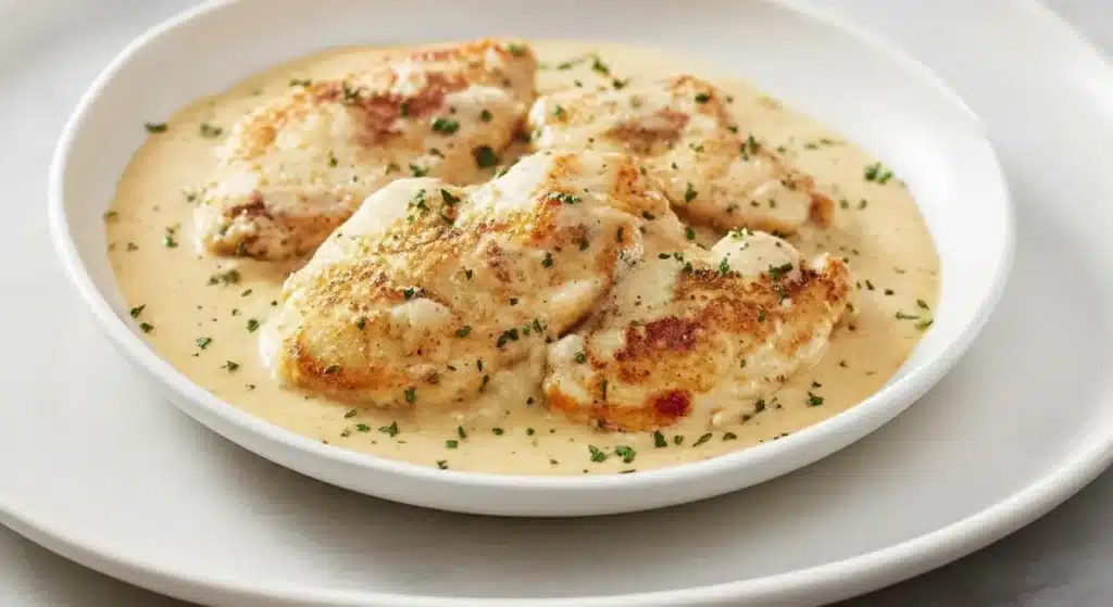 Golden chicken in creamy garlic Parmesan sauce with parsley garnish
