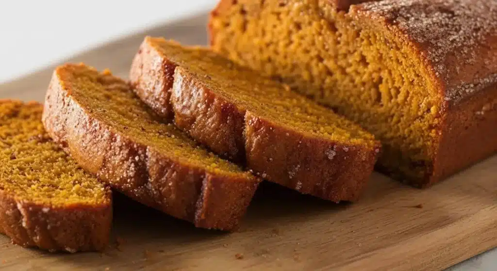 Moist cinnamon sugar pumpkin bread loaf with swirl inside