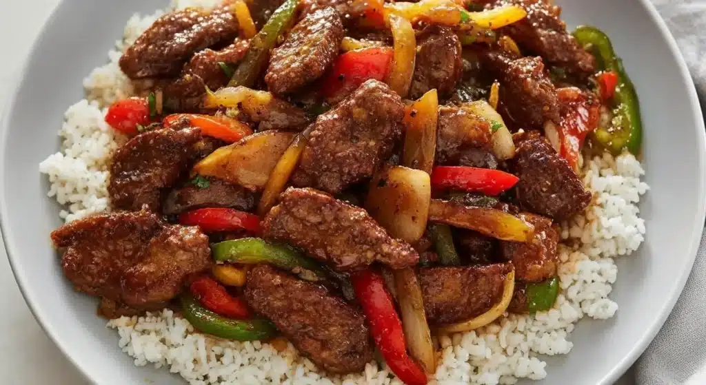 Tender pepper steak with red and green bell peppers in savory sauce