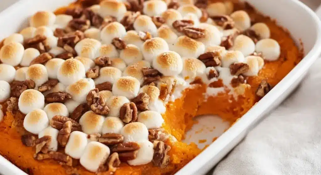 Sweet potato casserole topped with golden toasted mini marshmallows in a baking dish