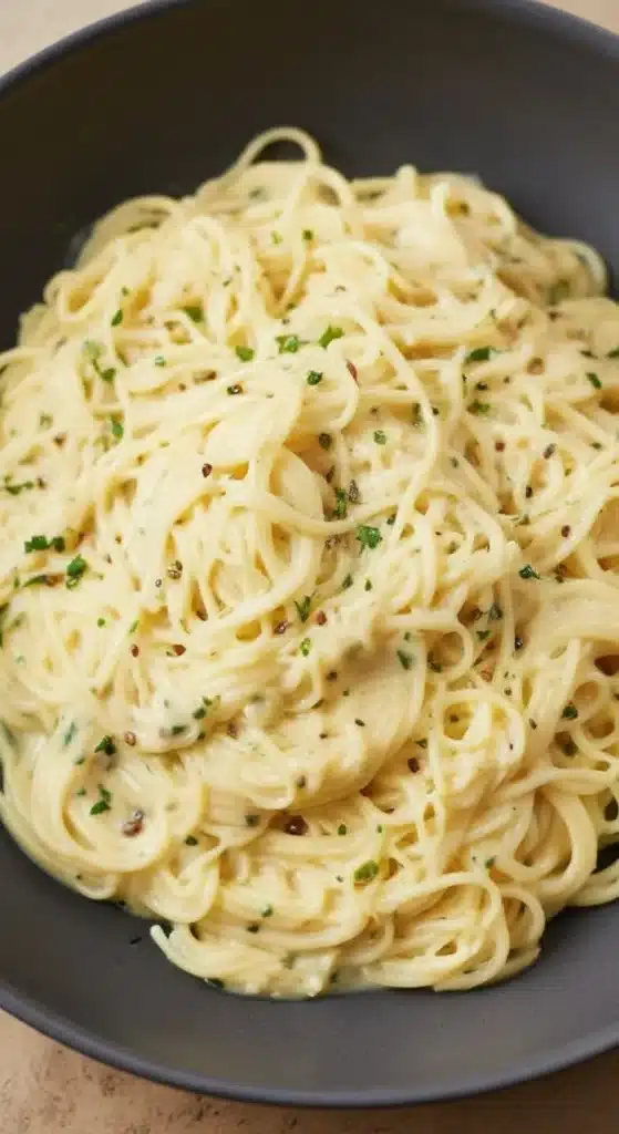 Creamy garlic pasta served in a white bowl with parsley garnish