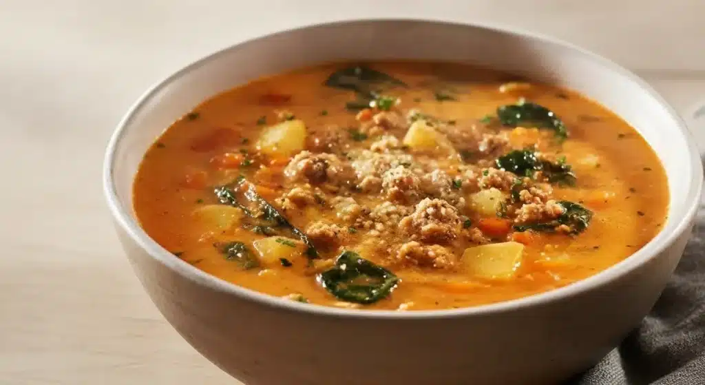 Close-up of Italian sausage and potato soup showing sausage, potatoes, and greens