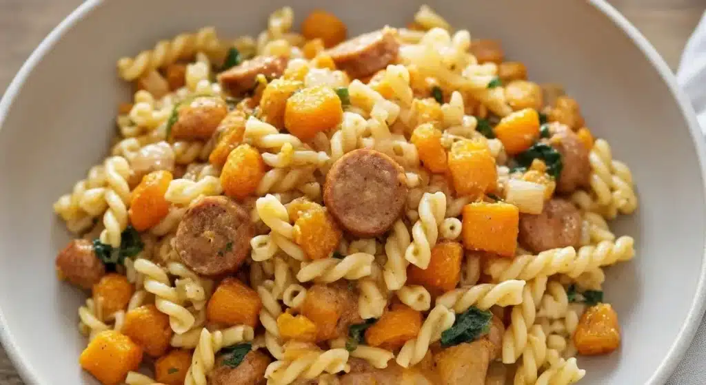 Fresh ingredients for sausage pasta including butternut squash, sausage, pasta, and herbs