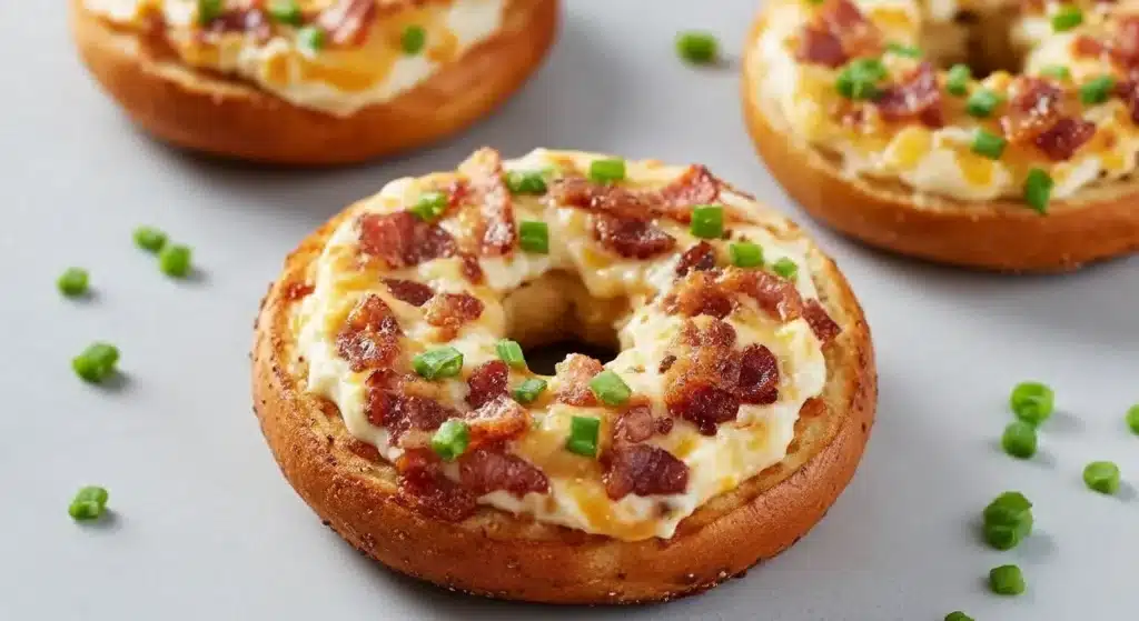 Homemade creamy bacon cheddar bagels topped with crispy turkey bacon