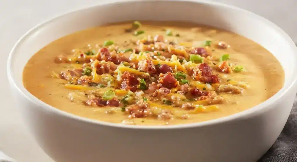 Bowl of creamy bacon cheeseburger soup topped with cheese and bacon bits