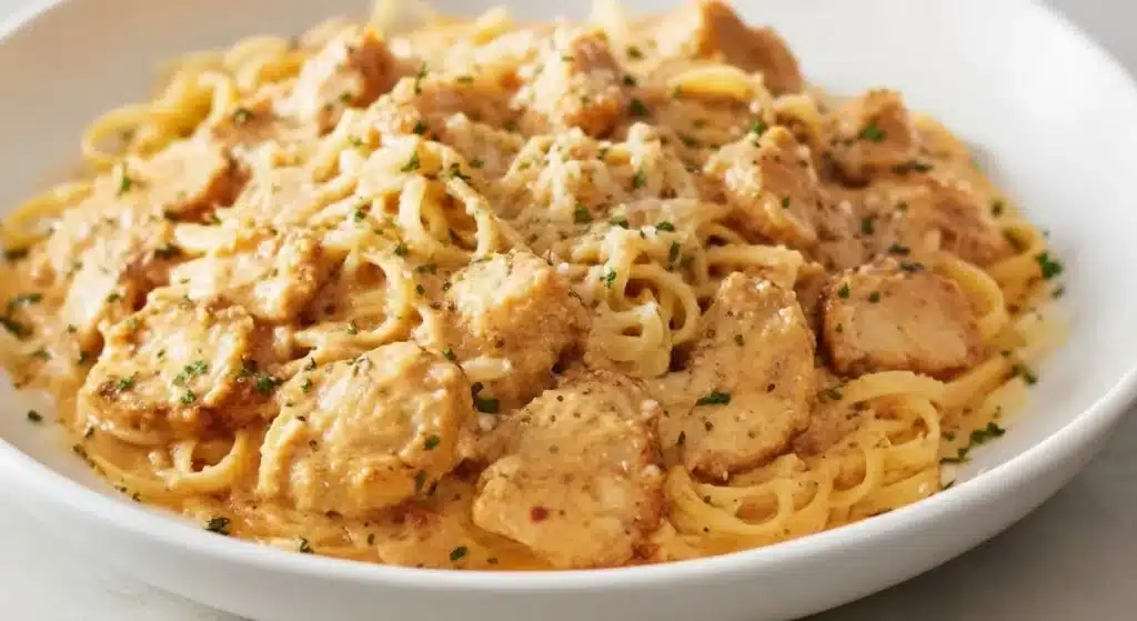 Creamy Cajun chicken pasta in skillet with peppers and creamy sauce