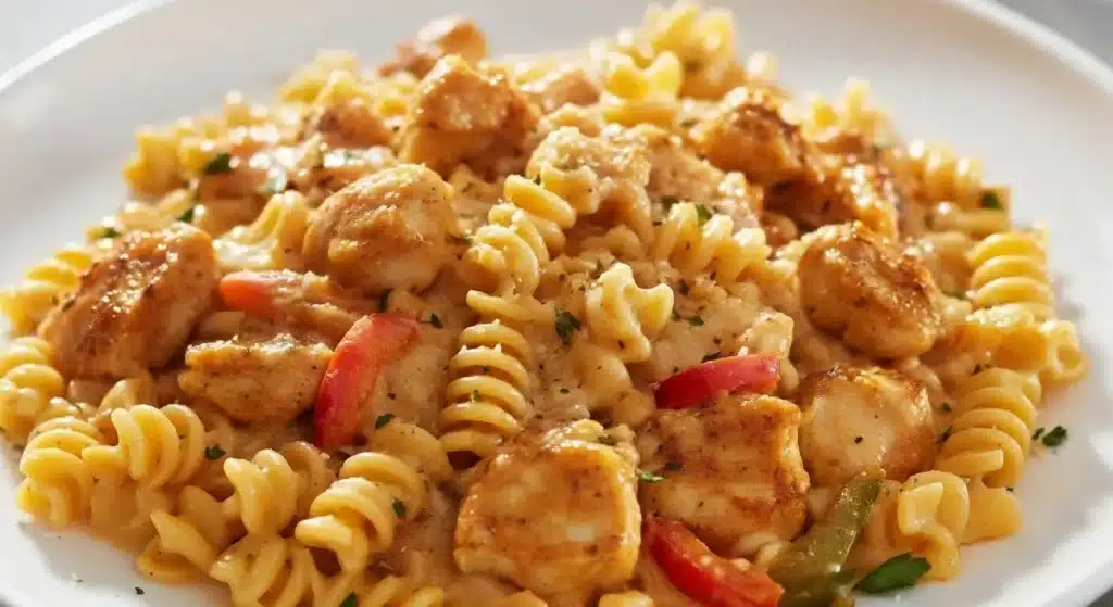Bowl of creamy Cajun chicken rotini pasta with bell peppers and parsley