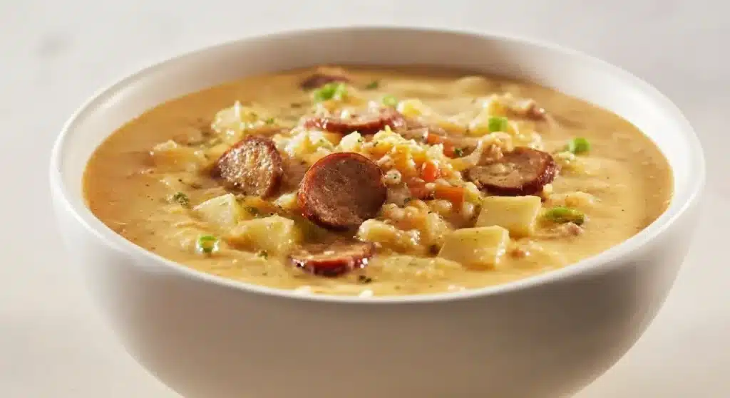 Bowl of creamy Cajun potato soup with smoked sausage and herbs