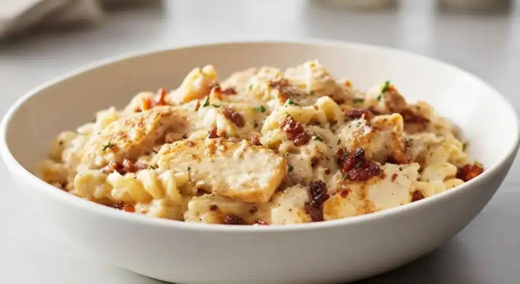 Creamy chicken bacon ranch pasta topped with parsley and Parmesan