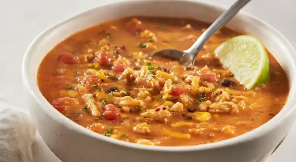 Bowl of creamy chicken taco soup with beans, corn, and cheese