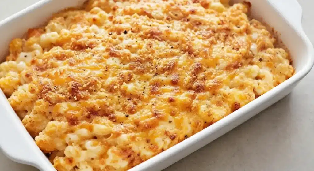 Bowl of creamy classic mac and cheese topped with melted cheddar