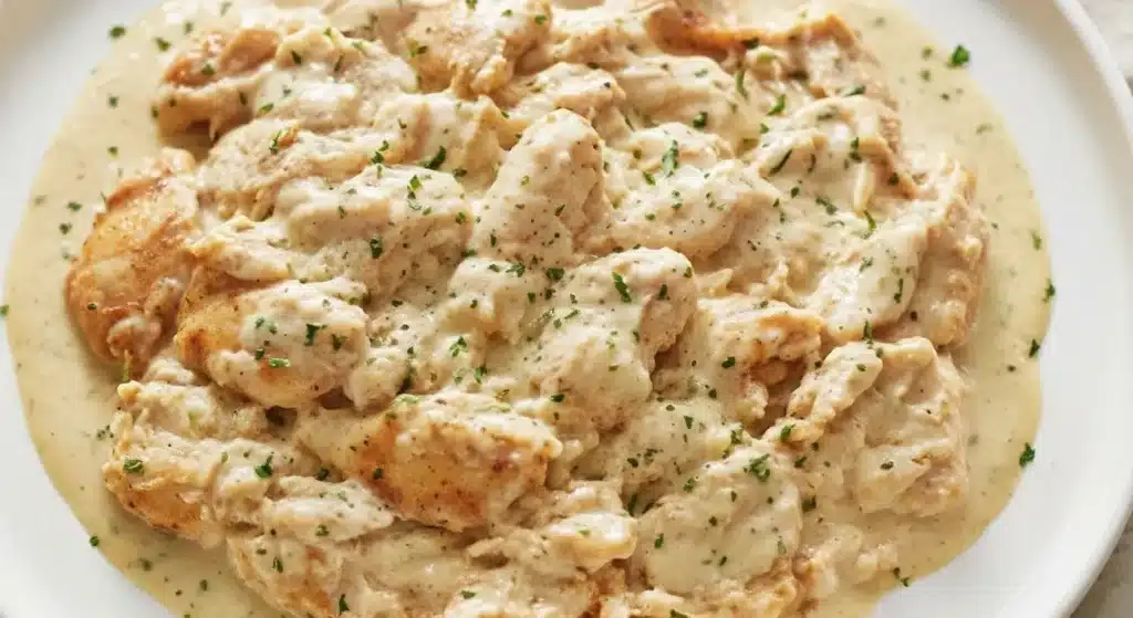 Slow cooker ranch chicken with creamy sauce and herbs