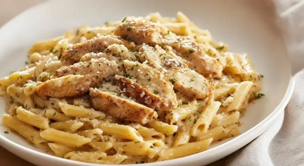 Creamy garlic parmesan chicken pasta served in a blue plate