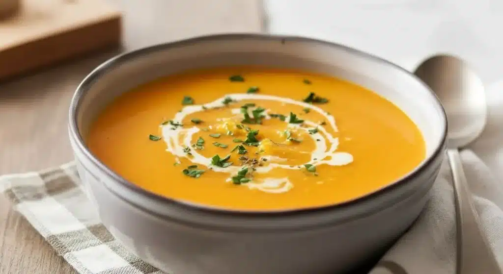 Smooth pumpkin soup topped with coconut cream and pepitas