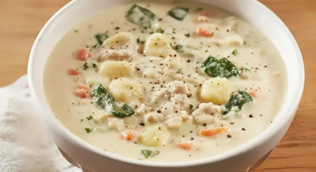Bowl of creamy Olive Garden chicken gnocchi soup with spinach and carrots