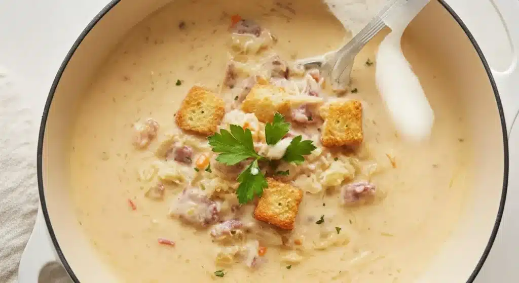 Close-up of creamy Reuben soup with corned beef and melted Swiss cheese