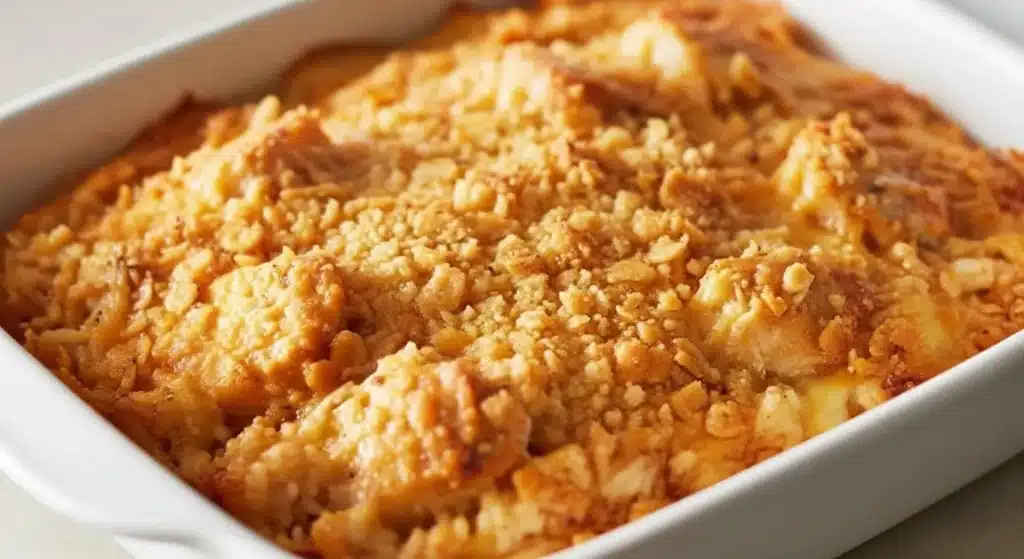 Baked rotisserie chicken casserole topped with melted cheddar cheese