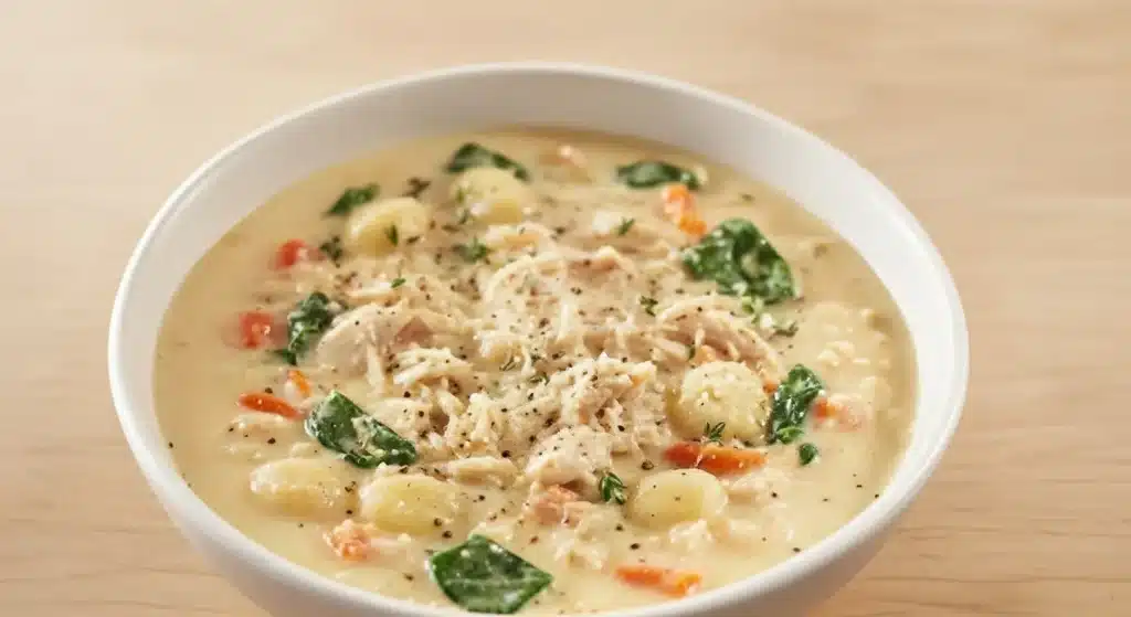 Warm bowl of creamy rotisserie chicken gnocchi soup with spinach