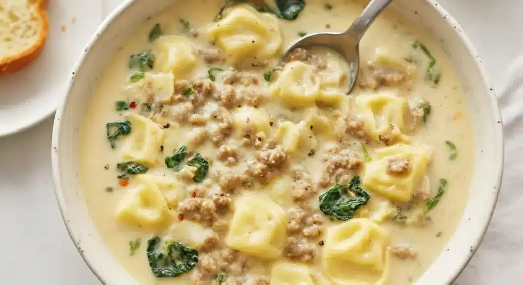 Finished creamy tortellini soup with sausage and spinach in a bowl